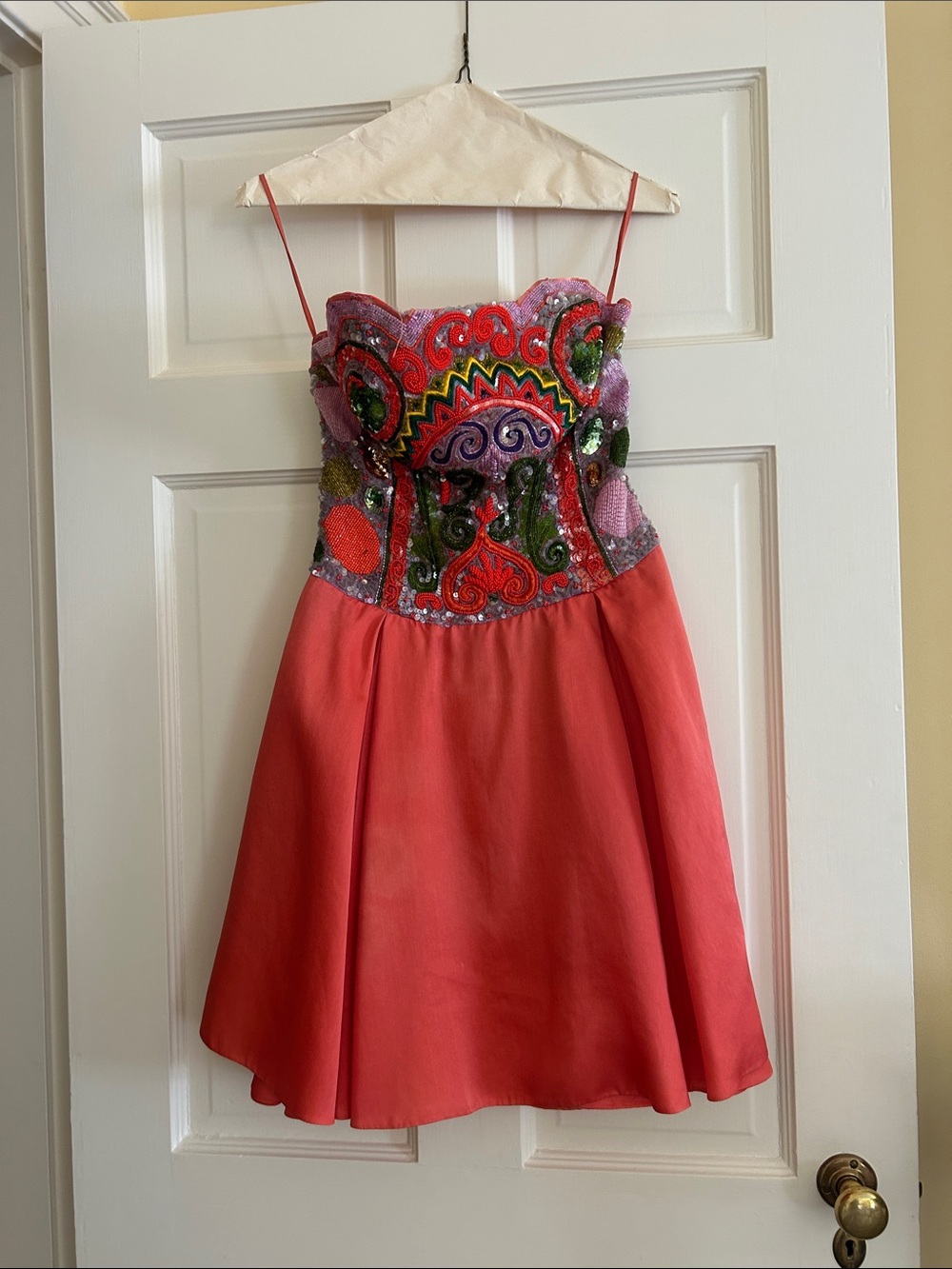Naeem Khan Coral Strapless Dress with Multicolor Embellished Bodice